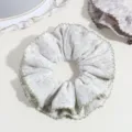 Cozy knit scrunchie with green trim, soft autumn winter hair tie for daily ponytail styling. - Green Scalloped Edge