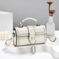Vintage oil wax leather handbag for women, chic elegant wide strap crossbody shoulder bag. - Off White