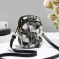 Chinese style floral print double zipper mobile phone shoulder bag with removable strap. - Black
