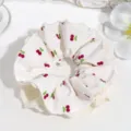Sweet cherry print lace hair scrunchie cute white fabric hair band daily styling accessory - Beige Cherry