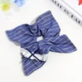 Blue striped hair scrunchie with white lace ruffle and bow detail, cute sweet hair accessory. - Square Stripe