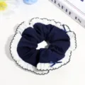 Double layer college style sweet hair scrunchie with cute ruffles and bows for women detail. - Round Dark Blue