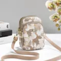 Μοντέρνα τσάντα κινητού με floral μοτίβο και διπλό φερμουάρ, κομψή γυναικεία τσάντα ώμου. - Χακί