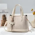 Korean style spliced handbag with rocking horse charm, large capacity tote and crossbody bag. - White