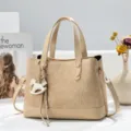 Stylish beige canvas tote bag with PU leather trim, top handle crossbody bag for women. - Khaki