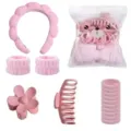Pink spa headband wrist wash band cute flower claw clip hair ties set for women makeup - 6-Piece Set / Bag Packaging / Pink