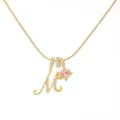 Gold letter M necklace with crystal pave and pink heart planet pendant for women fashion gift. - M