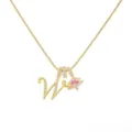 Gold letter W pendant necklace with sparkling cubic zirconia and charming pink heart for women. - Letter W