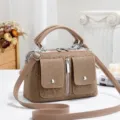Khaki leopard print Boston handbag, retro shoulder pillow bag with double pockets. - Khaki