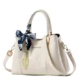 Off-white embossed women handbag, elegant tote shoulder bag with silk scarf and leaf pendant. - White