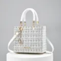 Elegant tweed top handle bag with white leather straps, classic luxury style shoulder bag for women. - Off White