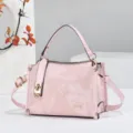 Pink Floral Debossed Women Crossbody Bag, Mini Top Handle Handbag with Lock Closure - Pink