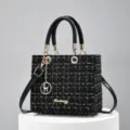 Elegant tweed top handle crossbody bag for women, chic black and gold textured shoulder bag. - Black