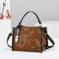 Brown floral embossed women handbag with metal lock, mini top handle crossbody bag. - Earthy Yellow