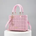 Pink tweed handbag for women, elegant top handle tote bag with stylish gold chain pendant. - Pink