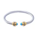 Bracelet manchette en cable torsade en acier inoxydable avec turquoise et embouts dores - Or et Argent - Agate Bleue
