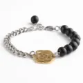 Bracelet jonc perles noires fleur de camélia en acier inoxydable pour femmes élégantes - Noir & Or