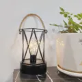 Lámpara de mesa geométrica negra de metal con cuerda de cáñamo y luces LED para decoración. - Hexágono (Alimentado por USB/Luz Blanca Cálida)