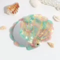 Detailed view of the cute shell folding makeup mirror, compact resin cosmetic pocket mirror. - Pink and Green