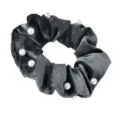 Black velvet hair scrunchie detail view with white faux pearls elegant shiny texture accessory - Grey Pearl