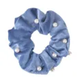 Blue velvet hair scrunchie detail view, elegant pearl decoration for everyday styling. - Blue Pearl