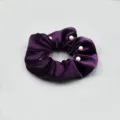 Purple velvet hair scrunchie with pearls, elegant elastic pony tail holder for women daily hair. - Deep Purple Pearl