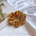 Velvet pearl hair scrunchie gold hair tie chic hair accessories for women and girls - Earthy Yellow Pearls