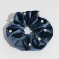 Blue velvet hair scrunchie with pearl decorations elegant pony tail holder hair accessory - Lake Blue Pearl
