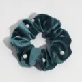 Dark green velvet hair scrunchie with white pearl details, elegant hair accessory for daily wear. - Green Pearls