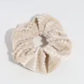 Beige corduroy hair scrunchie detail shot, soft velvet elastic hair band for daily ponytails. - Striped Beige