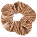 Detailed view of a soft brown velvet hair scrunchie, pleated texture for daily hairstyling. - Striped Light Coffee
