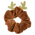 Brown velvet hair scrunchie with glitter gold reindeer antlers for cute festival hairstyles. - Brown Reindeer Antlers