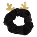 Black velvet hair scrunchie with gold glitter reindeer antlers, perfect for holiday festive styling. - Black Antler