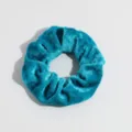 Blue velvet hair scrunchie, soft plush elastic ponytail holder for daily styling. - Lake Blue (with Green Tints)