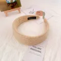 Korean style wide fleece knit headband, cute fluffy hair hoop for cozy daily styling. - Khaki Striped Knit