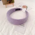 Purple plush knitted headband for women and girls, soft fuzzy wide hair hoop detail view. - Purple Striped Knit