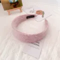 Cute pink plush fuzzy wide headband for women and girls, soft cozy hair hoop accessory. - Pink Striped Knit