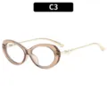 Modische retro ovale Katzenaugen Blaulichtfilter Brille mit Perlenbügeln für Damen. - C3 Champagner Rahmen Klare Linse