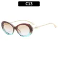 Vintage oval sunglasses for women with gradient frames and pearl decoration. - C13-Blue Brown Frame Double Tea Lens