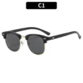 Retro Halbrand Sonnenbrille für Damen und Herren, klassische Metall Nieten UV400 C1. - Glänzendes Schwarz Graue Gläser