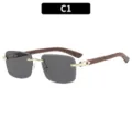 Lunettes de soleil carrées sans monture mode hommes femmes branches en bois UV400 - Monture dorée avec verres gris
