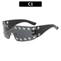 Y2K Punk Style Metal Eyelet One-piece Shield Sunglasses Streetwear Cool Eyewear! - Black Frame Grey Lens