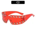 Y2K punk style red one-piece sunglasses with metal rivet eyelets, cool street fashion eyewear. - Red Frame Red Lens