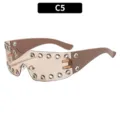 Y2K cyberpunk shield sunglasses with metal grommets and one-piece brown frame for women - Khaki Frame Tea Lens