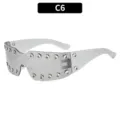 Punk Y2K shield sunglasses with metal eyelets, stylish street wear oversized eyewear. - Silver Frame White Mirror Lens