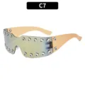 Y2K Punk Rivet Shield Sunglasses Futuristic Streetwear Metal Eyelet Fashion Shades C7 - Gold Frame Gold Mirror Lens
