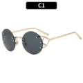 Vintage ronde montuurloze zonnebril met metalen frame en klinknagels in kleurvariant C1. - Gouden Montuur Grijs Lens