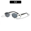 Polygon Sonnenbrille C2 Variante, modischer Metallrahmen mit stilvoller Kette für Damen. - Silberner Rahmen Graue Gläser