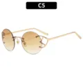 Modieuze retro ronde metalen montuurloze zonnebril voor dames met bruine glazen model C5. - Gouden Frame Dubbele Thee Lens