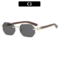 Rimless polygon sunglasses with wood temples and gold metal accents, color variant C1. - Gold Frame Grey Lens